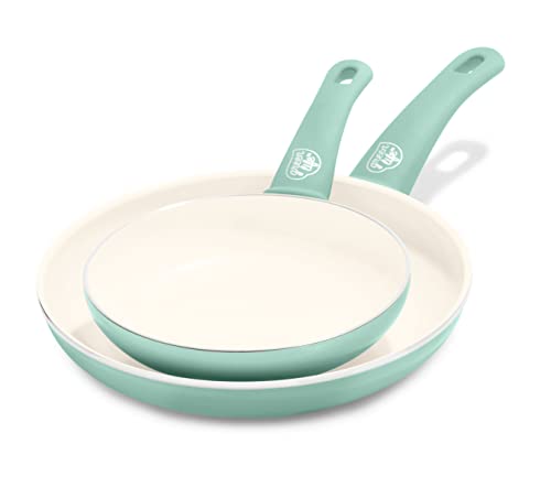 GreenLife Soft Grip Healthy Ceramic Nonstick 7" and 10" Frying Pan Skillet Set, PFAS-Free, Dishwasher Safe, Turquoise
