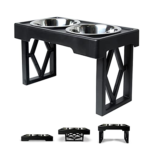 Pet Zone Designer Diner Adjustable Elevated Dog Bowls - Adjusts to 3 Heights, 2.75?, 8", & 12'' (Raised Dog Dish with Double Stainless Steel Bowls) Black