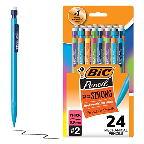 BIC Xtra-Strong Thick Lead Mechanical Pencil, With Colorful Barrel Thick Point (0.9mm), 24-Count Pack, Mechanical Pencils With Erasers (Packaging May Vary)