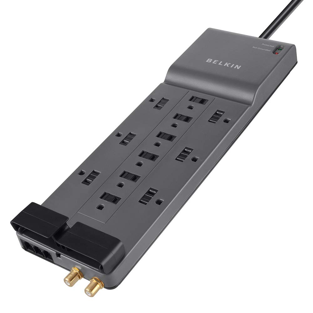 51wYUKOx3XL.jpg Belkin Power Strip Surge Protector - 12 AC Multiple Outlets & 8 ft Long Flat Plug Heavy Duty Extension Cord for Home, Office, Travel, Computer Desktop, Laptop & Phone Charging Brick (3,940 Joules) - Image 1