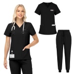 VIAOLI Scrubs for Women- 7 Pockets, V-Neck Top & Jogger Pants, Stretchy Fabric, Elastic Waist for Nursing Uniforms