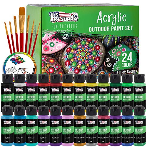 61YawpqgRQL.jpg U.S. Art Supply Professional 24 Color Set of Outdoor Acrylic Paint in 2 Ounce Bottles, Plus a 7-Piece Brush Kit - Vivid Colors for Artists, Students - Use on Canvas, Rocks, Kids' Wood Crafts, and Toys - Image 1