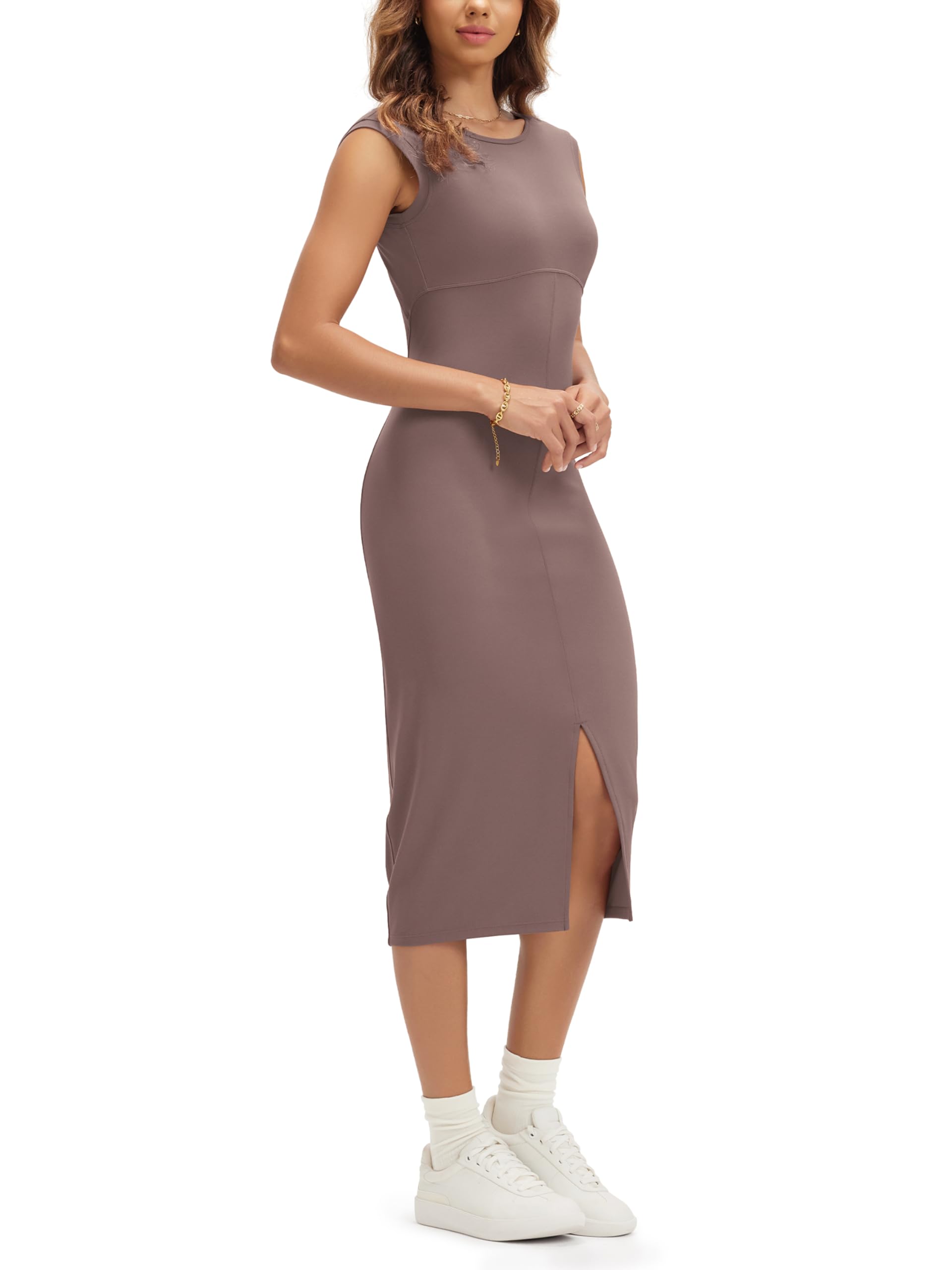 ODODOS Women's Cloud Feeling Front Split Midi Dress Square Back Crew Neck Sleeveless Bodycon Tank Dress, Purple Taupe, Large