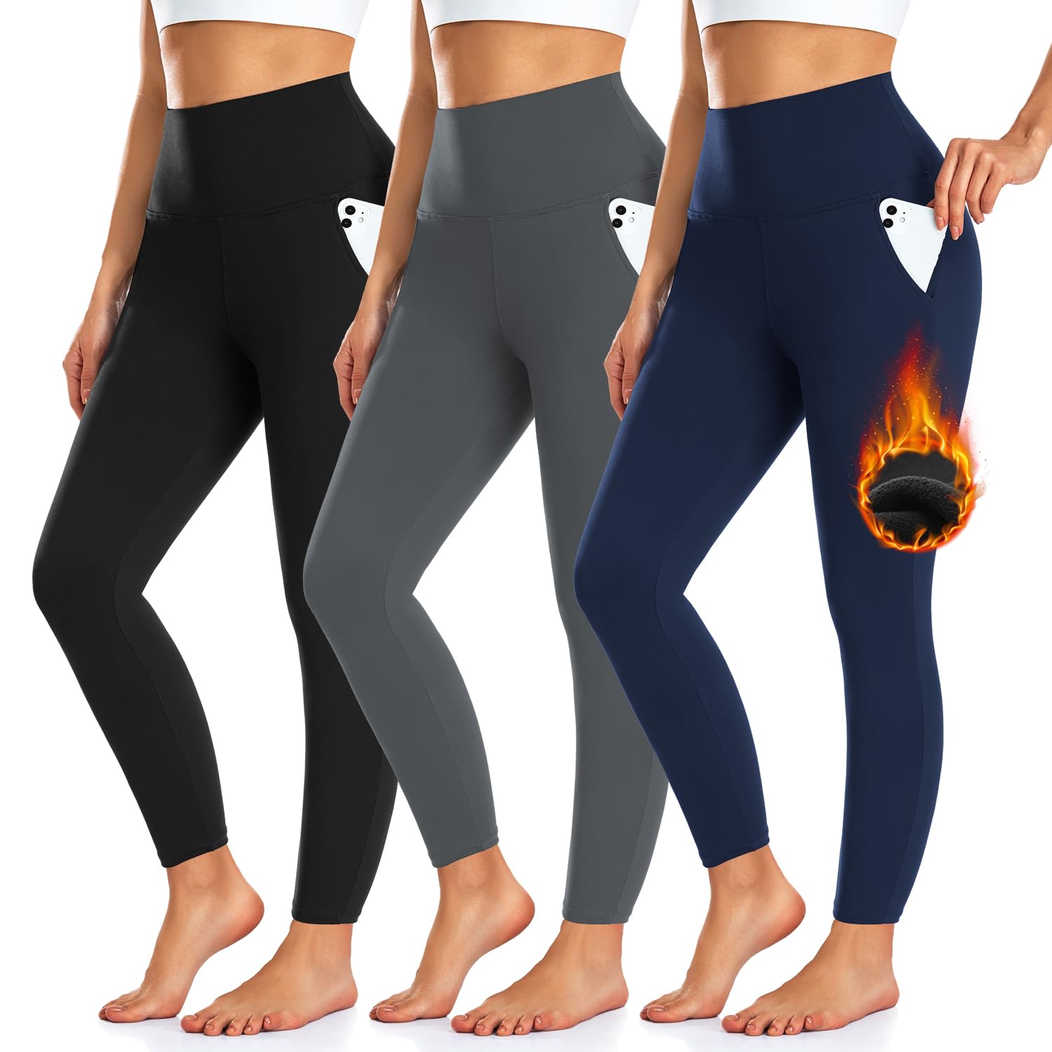 Version 1.0.0 3 Pack Fleece Lined Leggings Women with Pockets -Warm Winter Yoga Pants for Women Thermal Running Workout Leggings Black/Grey/Navy - Image 1