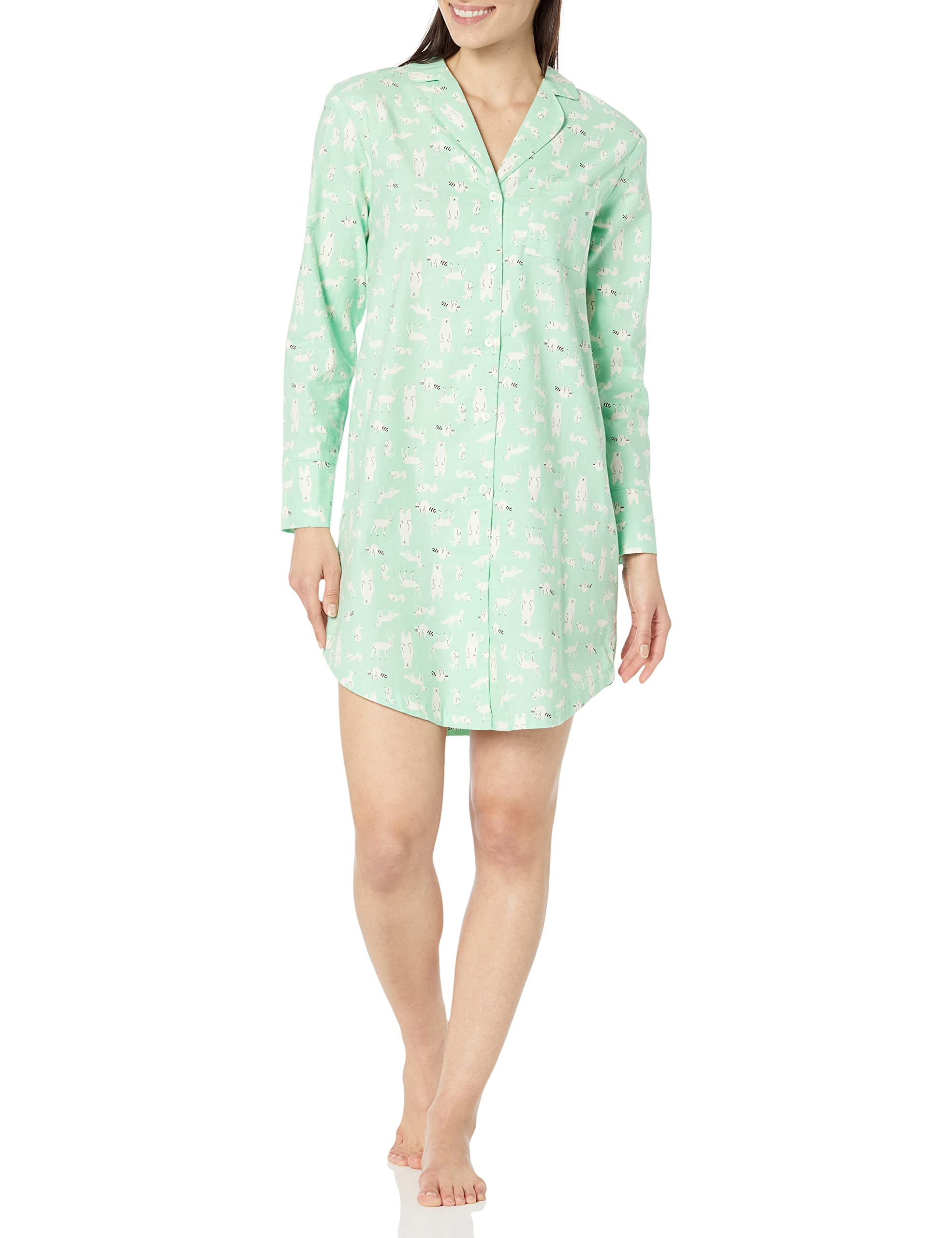 Amazon Essentials Women's Woven Flannel Notch Collar Nightgown (Available in Plus Size), Mint Green Forest Animals, 1X